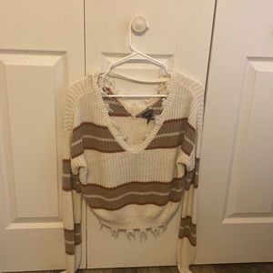 off the shoulder frayed fall sweater